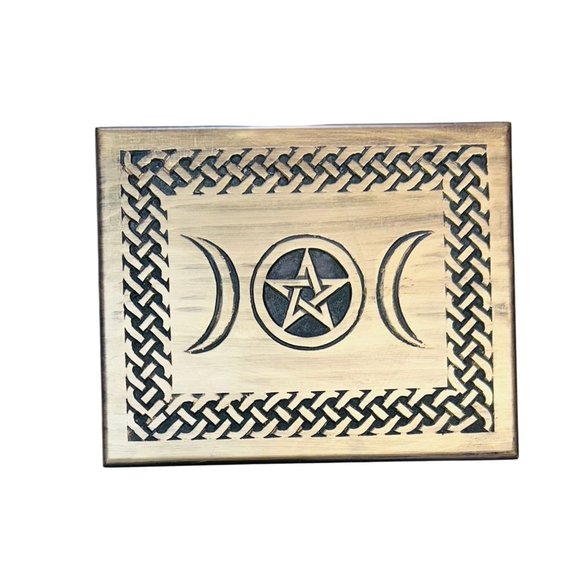 Handcrafted Triple Moon Altar Table with Pentagram - Wiccan Witchcraft Wooden Su - Picture 8 of 15
